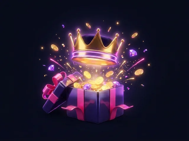 Gift box of gold coins and a crown for the welcome bonus
